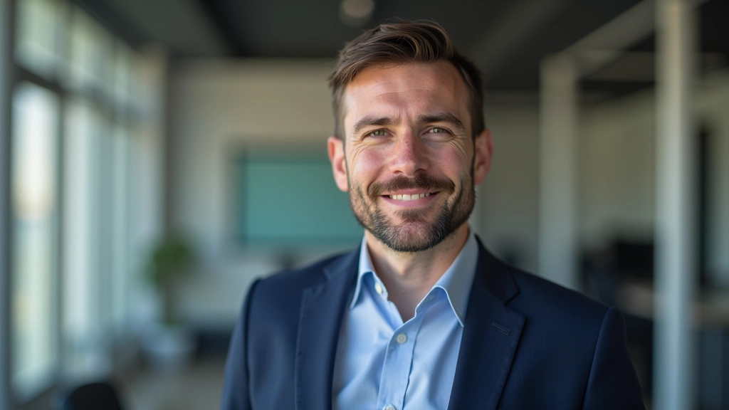 Homem em blazer azul marinho em escritório moderno, retrato profissional