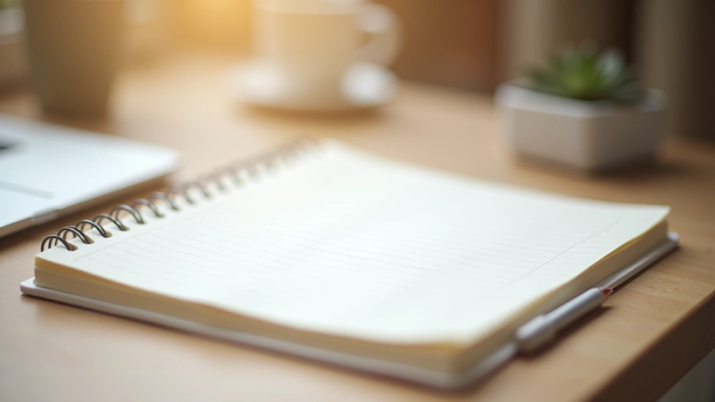 Caderno com anotações de perguntas e respostas em mesa de trabalho organizada
