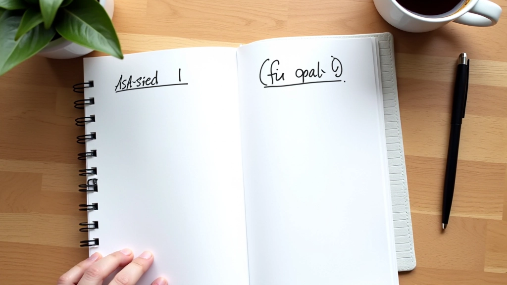 Caderno aberto com objetivos e plano de ação escrito em papel branco