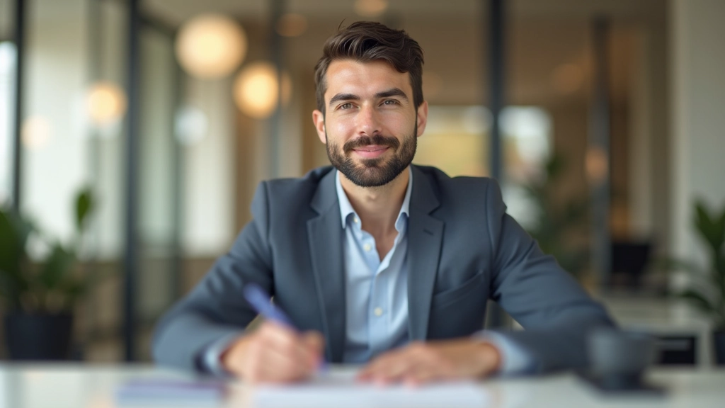 Pessoa em mesa de trabalho escrevendo objetivos em caderno com xícara de café ao lado