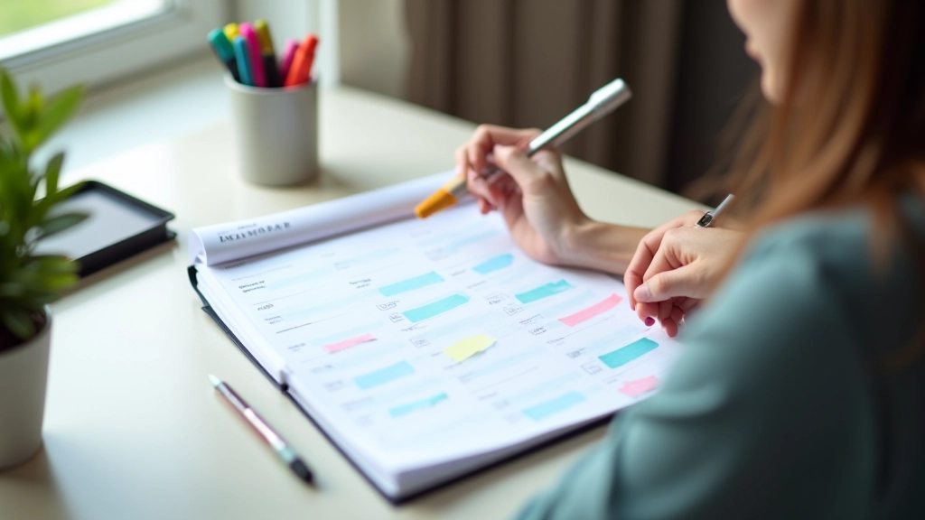 Pessoa escrevendo em agenda com semana organizada por cores e horários
