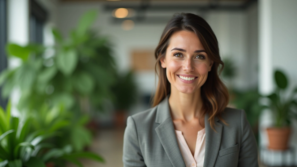 Mulher em ambiente de escritório com plantas ao fundo, sorrindo para a câmera durante entrevista